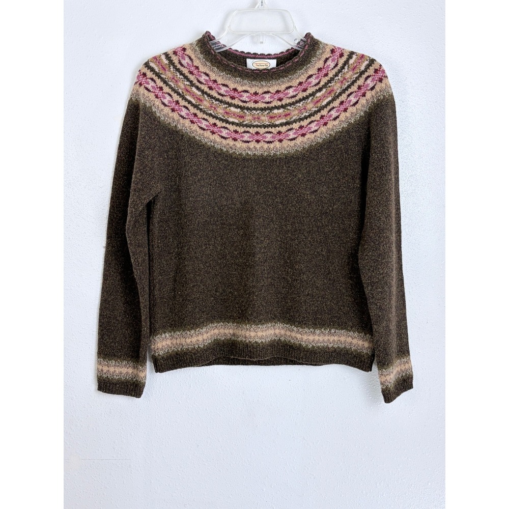 Cottagecore Fair Isle Brown Pink Scallop Lambswool Sweater Vintage Talbots MP